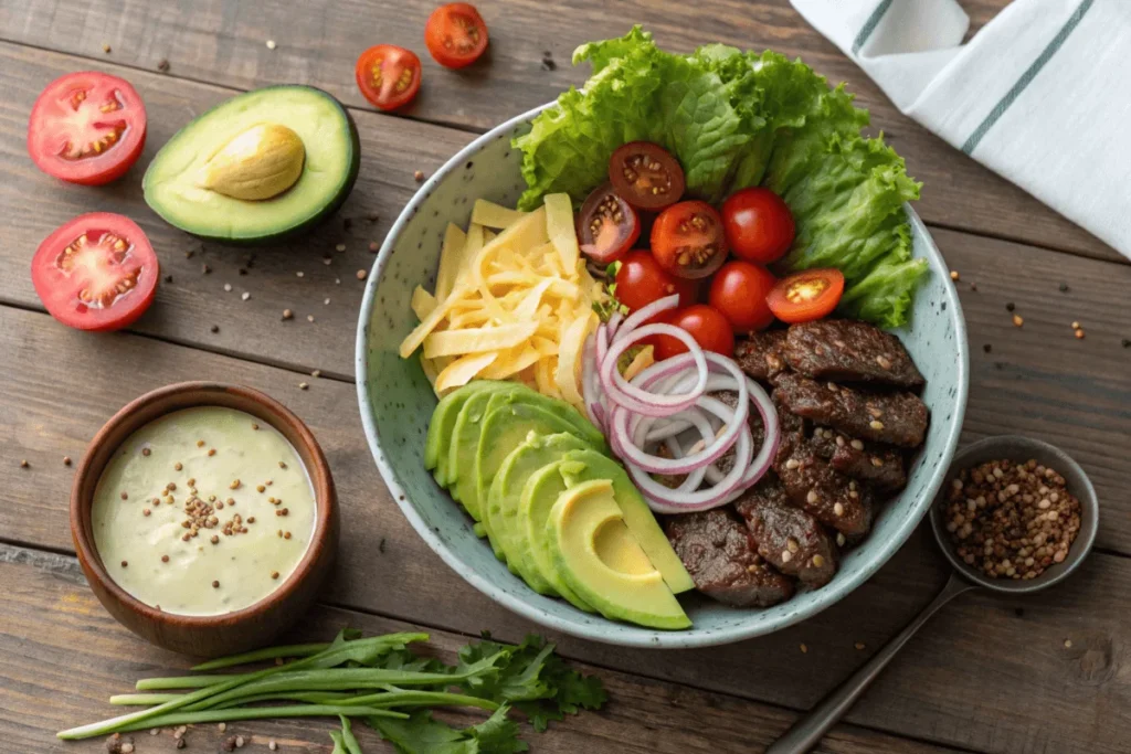 Flat lay of fresh ingredients for a burger bowl recipe, including lettuce, cherry tomatoes, sliced onions, avocado, cheddar cheese, cooked ground beef, bacon strips, pickles, and a bowl of dressing.