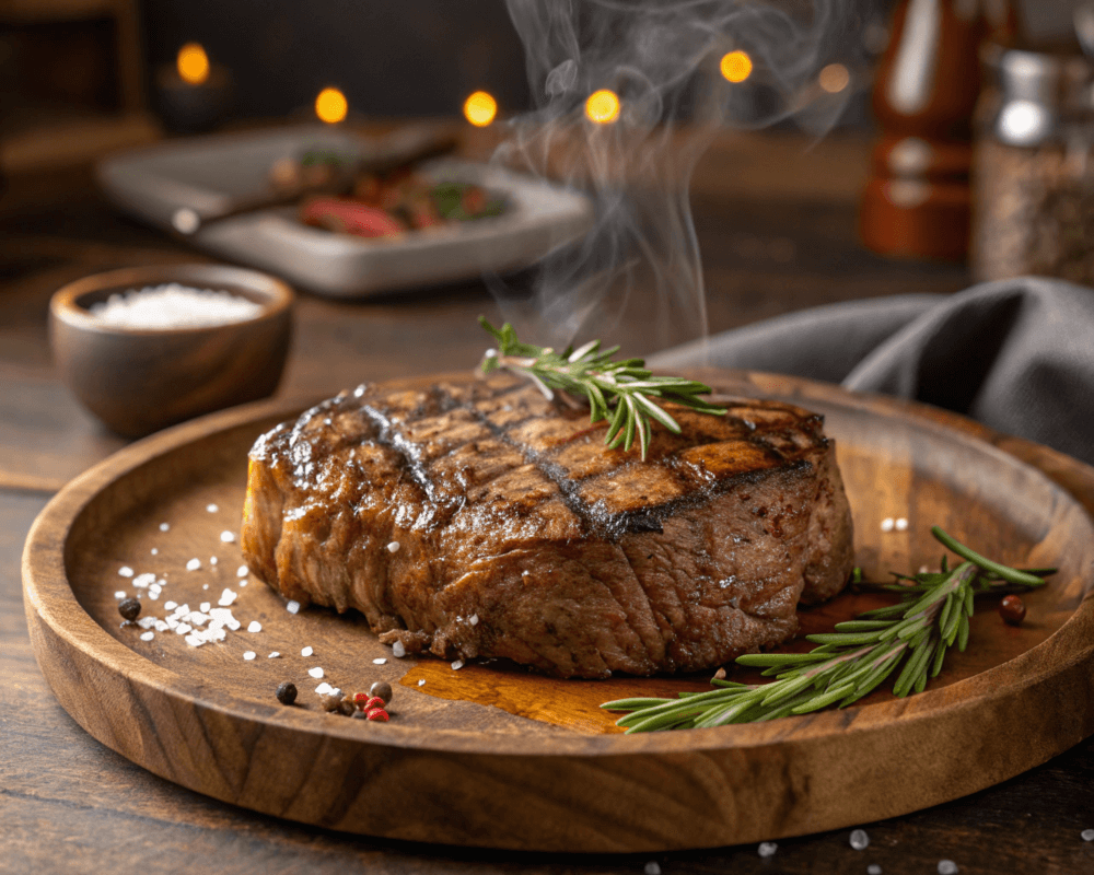 Perfectly cooked beef chuck eye steak with grill marks, topped with garlic butter and garnished with fresh rosemary on a rustic wooden plate.