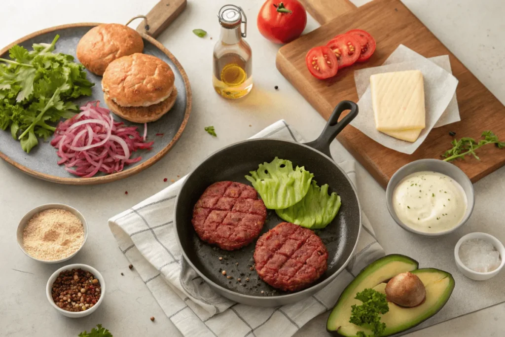 Step-by-step preparation of a burger bowl at home, including cooking ground beef, chopping vegetables, and assembling the finished dish with toppings and dressing.