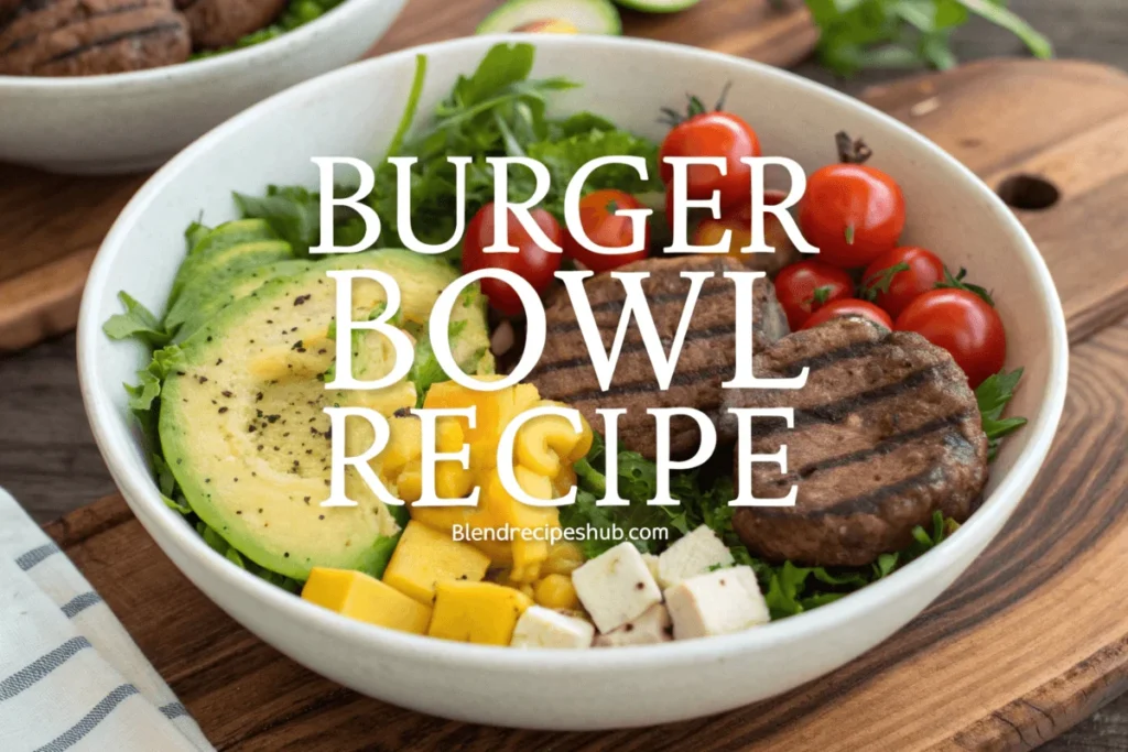 Burger bowl with grilled beef patties, avocado slices, cherry tomatoes, cucumbers, leafy greens, and cheese cubes, with 'Burger Bowl Recipe' text at the top and 'blendrecipeshub.com' at the bottom