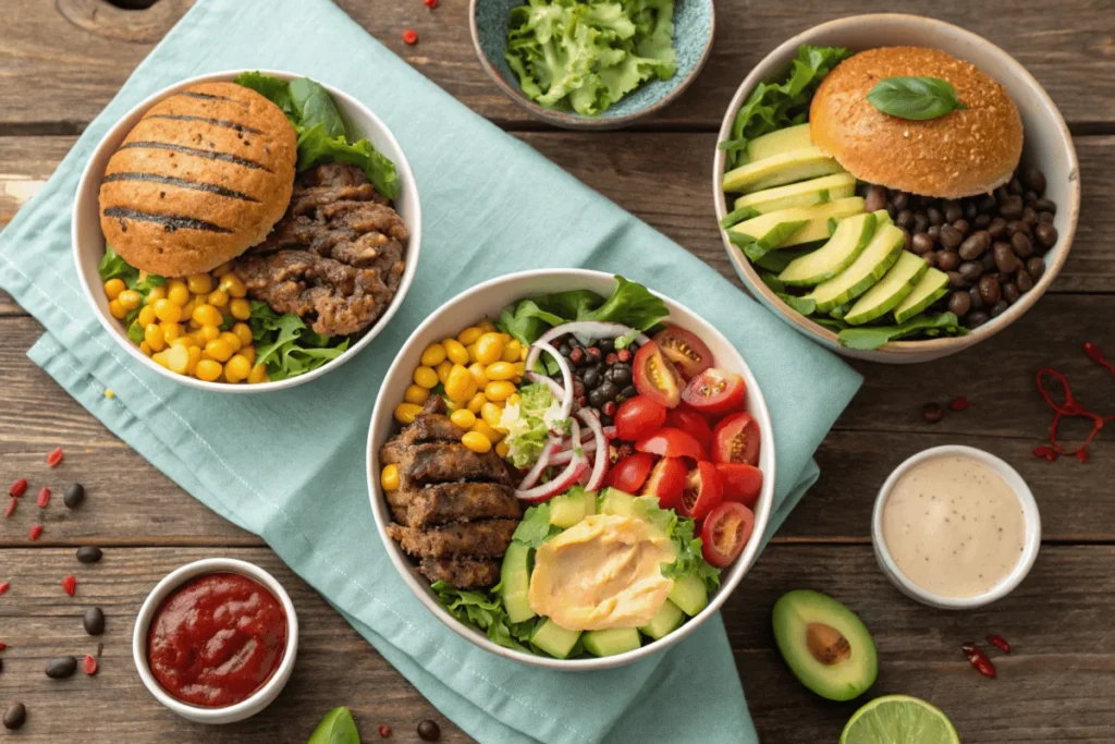 Three tasty variations of burger bowl recipes, including classic cheeseburger, Southwest-style with chicken, and vegan with quinoa and chickpeas, displayed with colorful ingredients