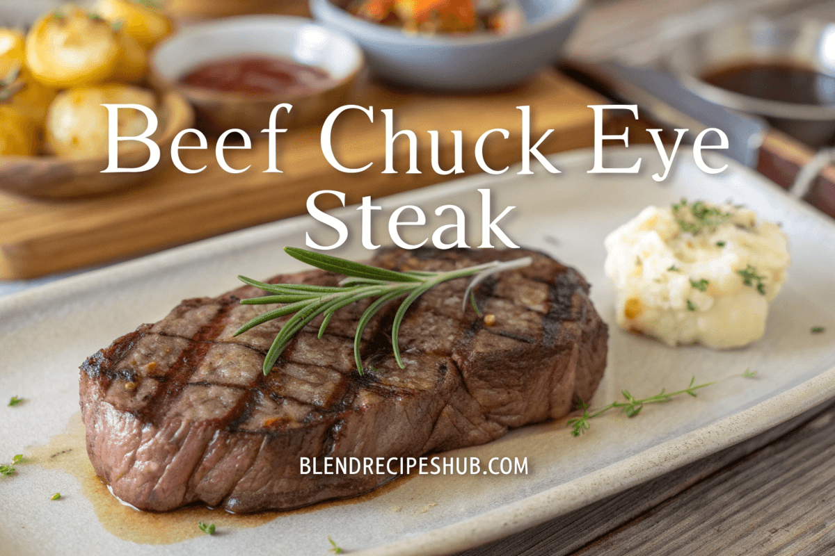 Juicy beef chuck eye steak cooked medium-rare with grill marks, garnished with rosemary and garlic butter on a wooden plate.