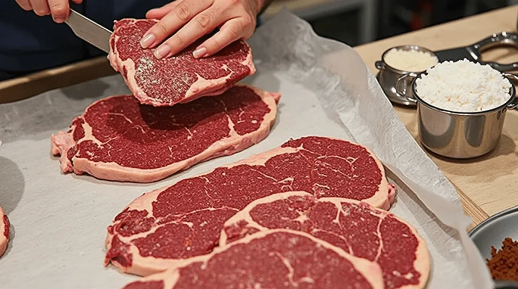 How to Cook the Perfect Beef Chuck Eye Steak: Tips and Recipes 3 Beef chuck eye steak selection and preparation process, showing marbled steak, butcher tools, and seasoning ingredients.