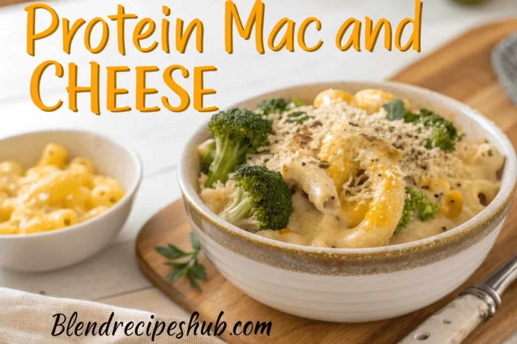 A delicious bowl of protein mac and cheese featuring elbow macaroni, creamy cheese sauce, shredded chicken, and colorful vegetables, garnished with fresh herbs.