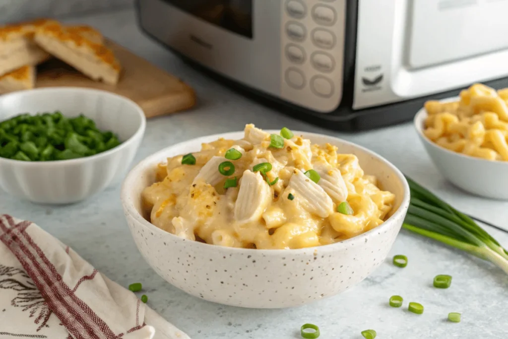 Easy Protein Mac and Cheese: Quick Recipes for Busy Days 3 A steaming bowl of microwave protein mac and cheese topped with shredded chicken and green onions, placed on a kitchen countertop next to a microwave.