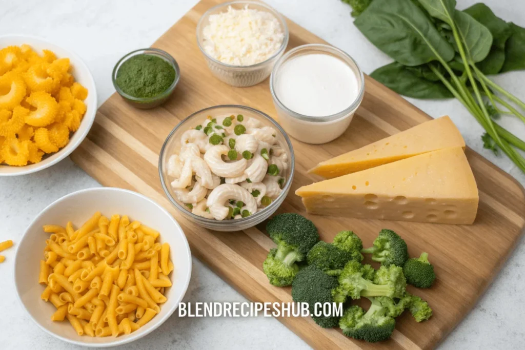 Easy Protein Mac and Cheese: Quick Recipes for Busy Days 2 A colorful display of essential ingredients for protein mac and cheese, including elbow macaroni, various cheeses, shredded chicken, Greek yogurt, and fresh vegetables.