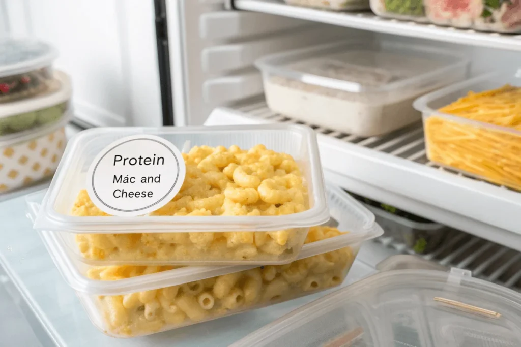 Easy Protein Mac and Cheese: Quick Recipes for Busy Days 4 A clear container of protein mac and cheese labeled for freezing, placed in a freezer alongside other frozen meals.