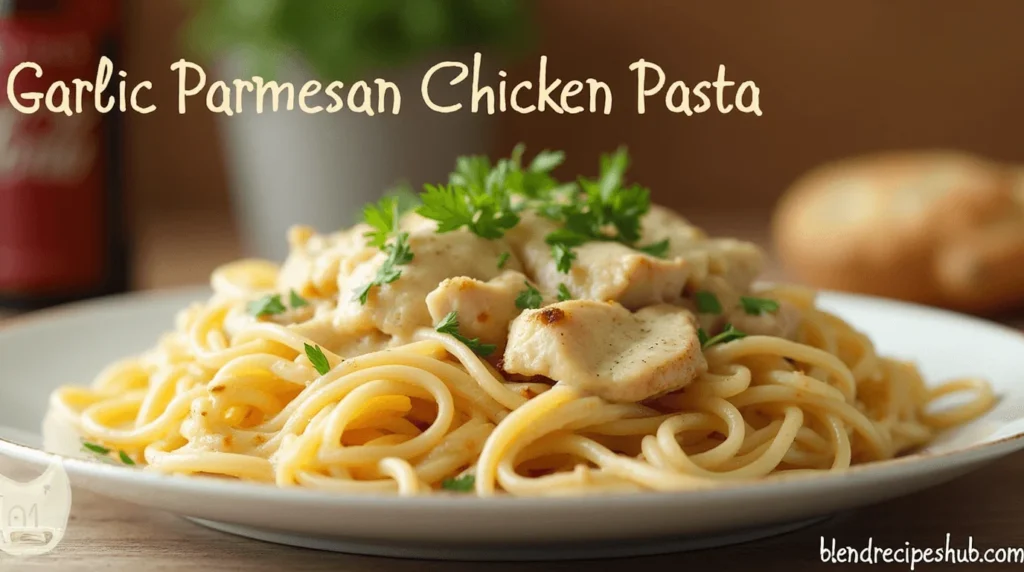 A plate of Garlic Parmesan Chicken Pasta with tender chicken strips in a creamy garlic parmesan sauce, garnished with parsley and parmesan cheese, styled on a rustic wooden table with fresh ingredients in the background