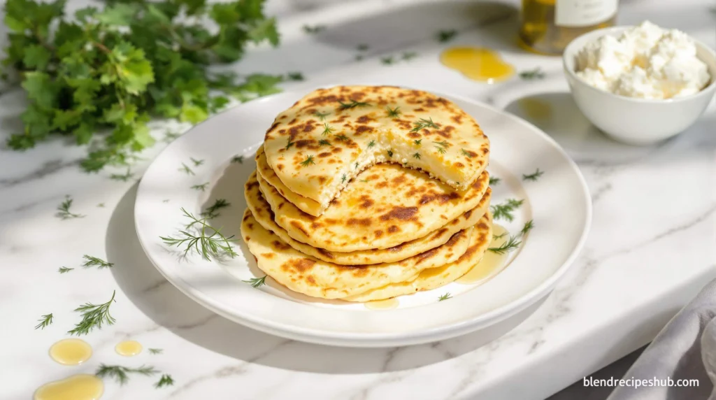 How to Make Easy Cottage Cheese Flatbread: Healthy and Delicious! 4 Delicious cottage cheese flatbread with crispy edges and fresh herb toppings, displayed on a rustic wooden board in a warm kitchen environment.
