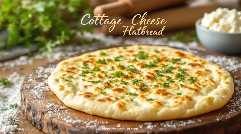 A beautifully styled cottage cheese flatbread with golden brown, slightly crispy edges, topped with fresh parsley and dill, served on a rustic wooden board in a cozy kitchen setting