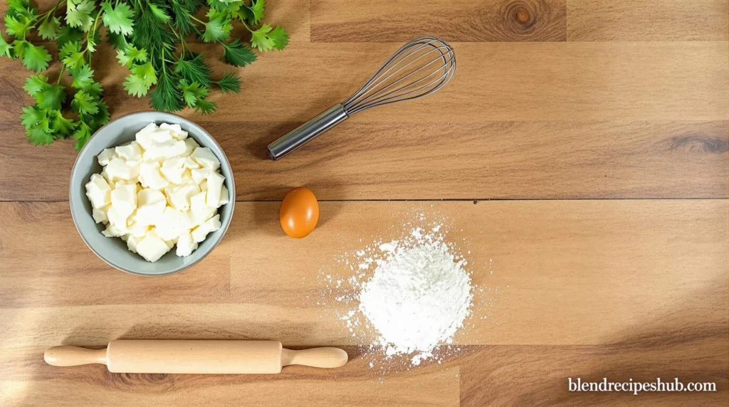 How to Make Easy Cottage Cheese Flatbread: Healthy and Delicious! 2 A collection of ingredients and tools for making cottage cheese flatbread, including flour, cottage cheese, fresh herbs, a rolling pin, and a mixing bowl.