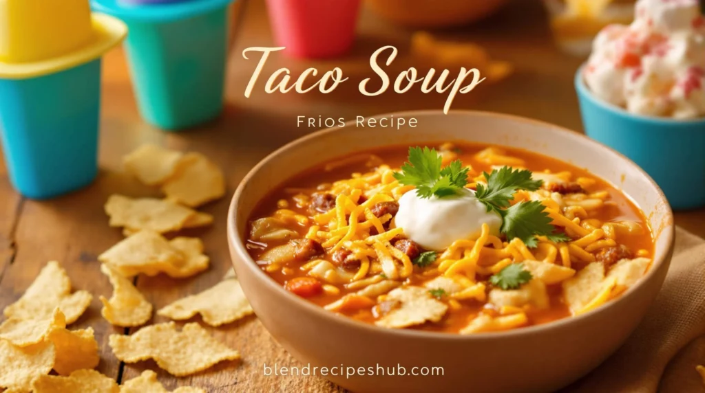 A vibrant bowl of taco soup with steaming broth, topped with melted cheese, sour cream, and fresh cilantro, surrounded by crispy tortilla chips and colorful frozen frios treats on a rustic wooden table.
