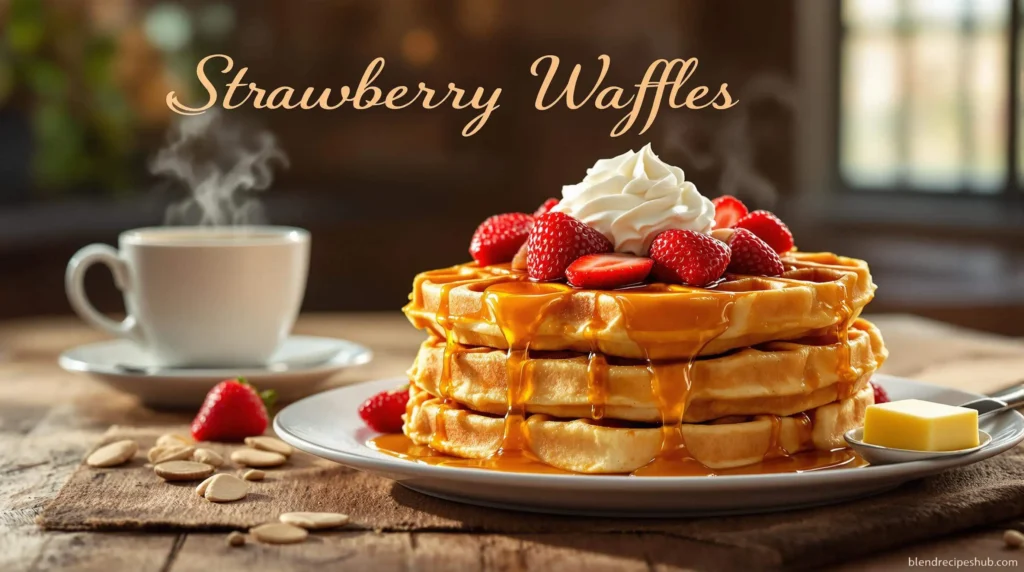 Golden strawberry waffles topped with fresh strawberries, whipped cream, and a drizzle of syrup on a white plate.