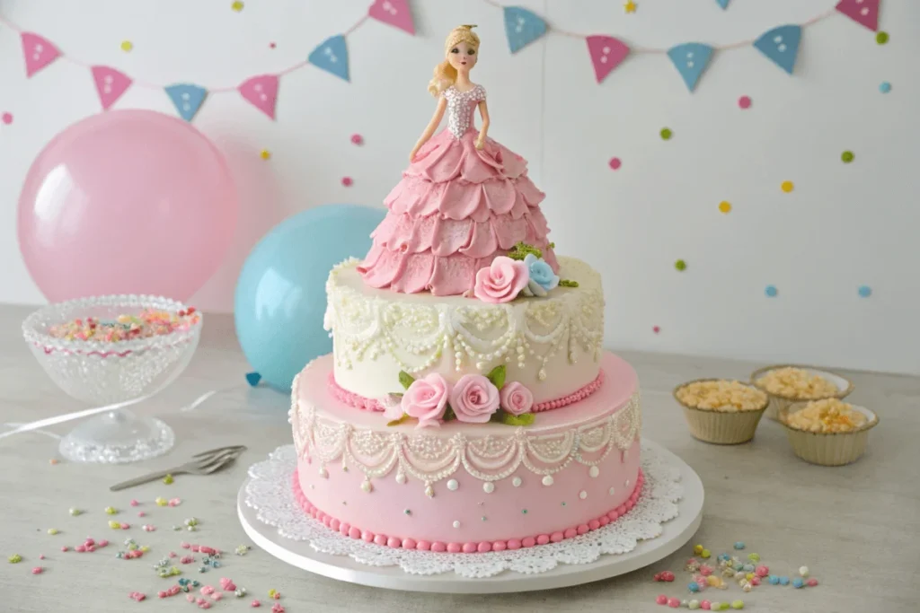 Barbie Cake Made Easy: Step-by-Step to a Show-Stopping Design 3 Colorful Barbie cake design featuring a doll on top, surrounded by pink frosting, edible decorations, and floral accents