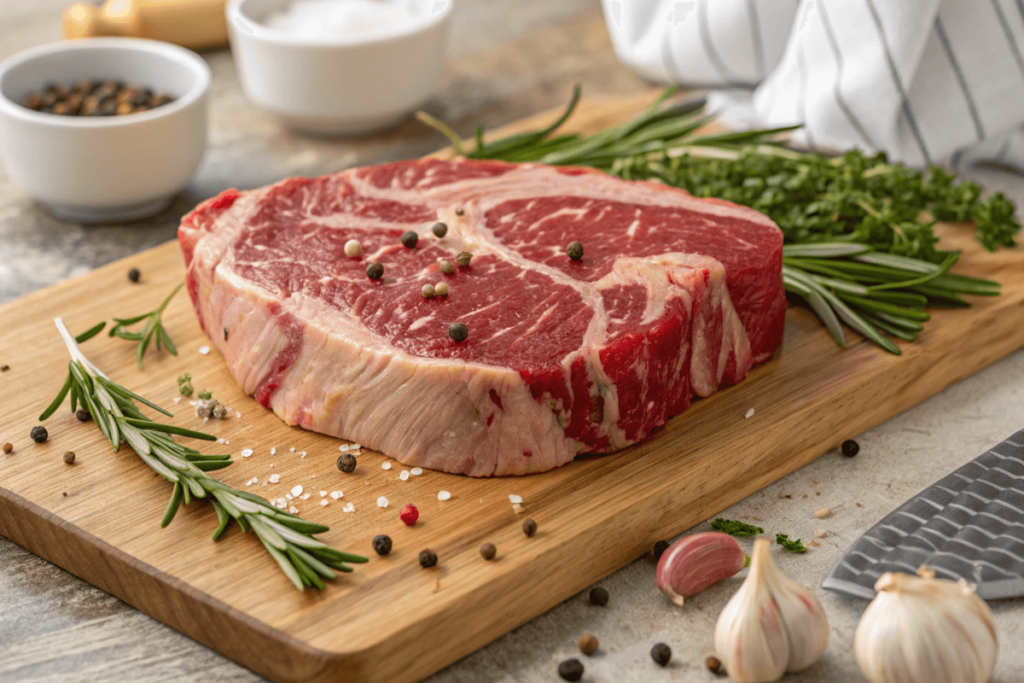 Perfectly cooked beef chuck eye steak with grill marks, topped with garlic butter and garnished with fresh rosemary on a rustic wooden plate.