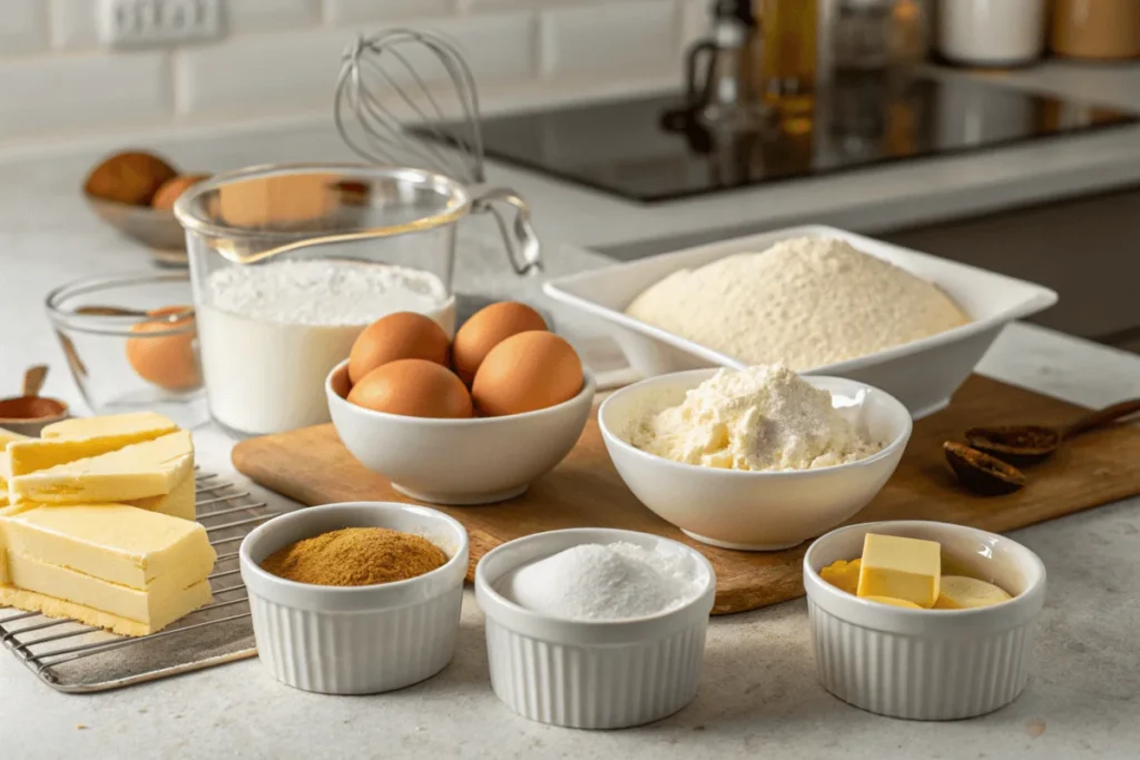 Barbie Cake Made Easy: Step-by-Step to a Show-Stopping Design 2 Various ingredients for a cake base including flour, sugar, eggs, butter, and baking powder arranged on a wooden table.