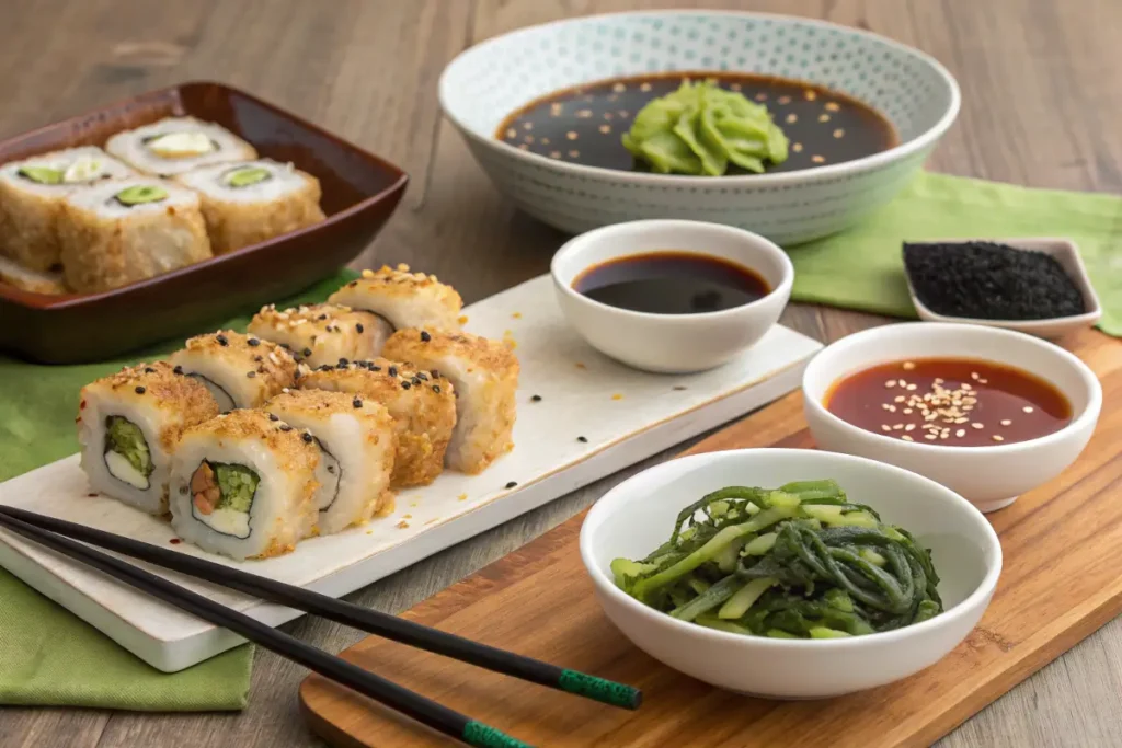 A variety of dipping sauces and side dishes for chicken tempura rolls, including soy sauce, spicy mayo, eel sauce, miso soup, edamame, and seaweed salad