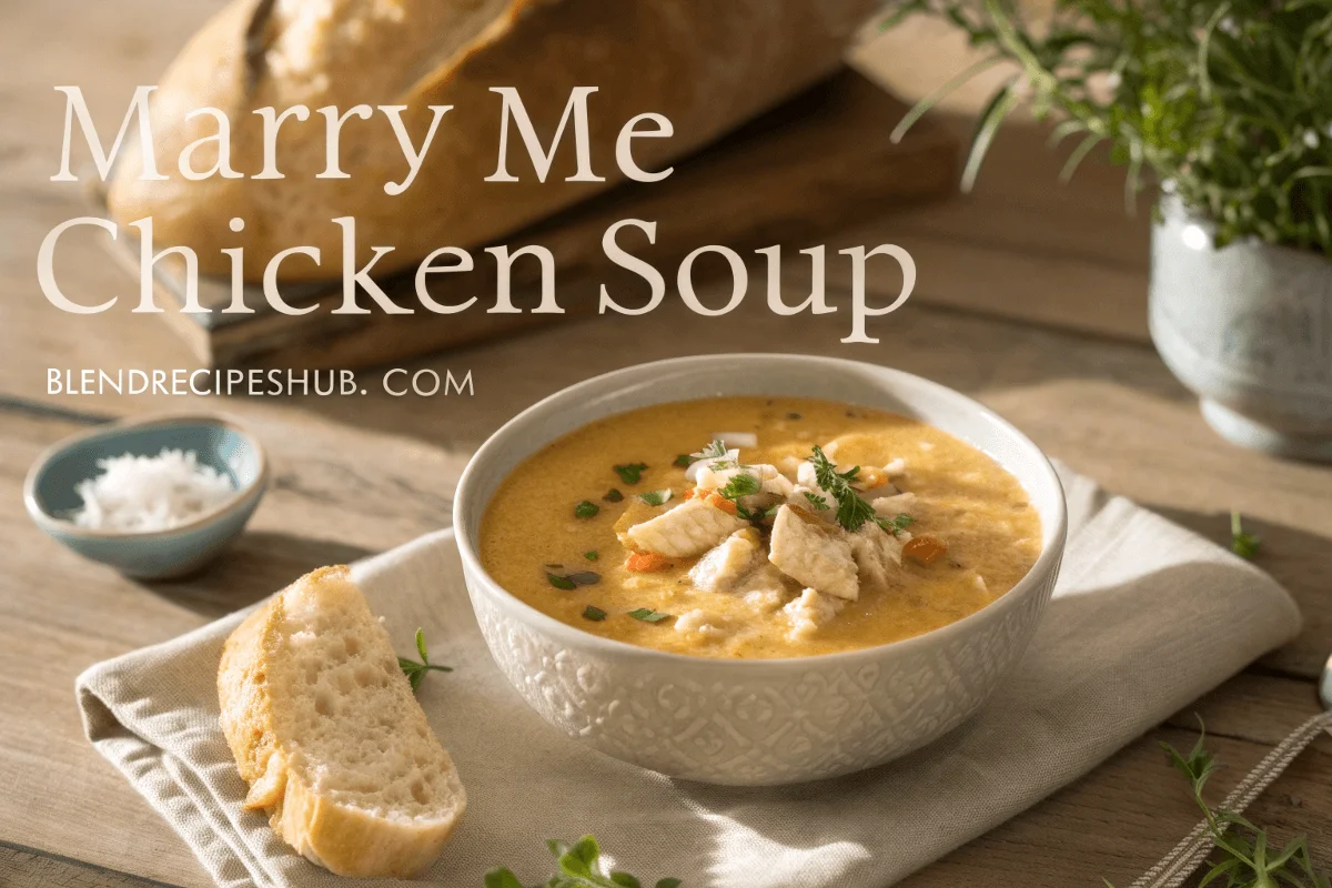 Why Marry Me Chicken Soup Recipe Is Winning Everyone's Heart 1 A bowl of creamy Marry Me Chicken Soup garnished with fresh herbs and Parmesan cheese, served on a rustic table with bread and soft lighting.