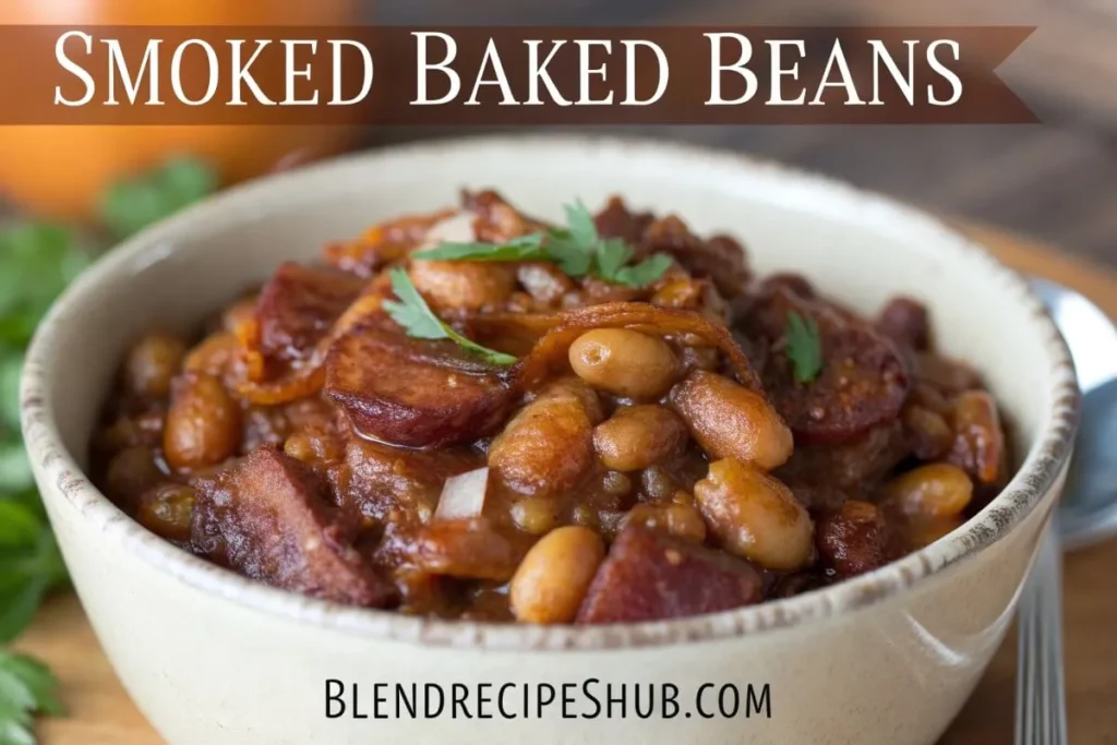 Delicious smoked baked beans in a rustic bowl, garnished with herbs