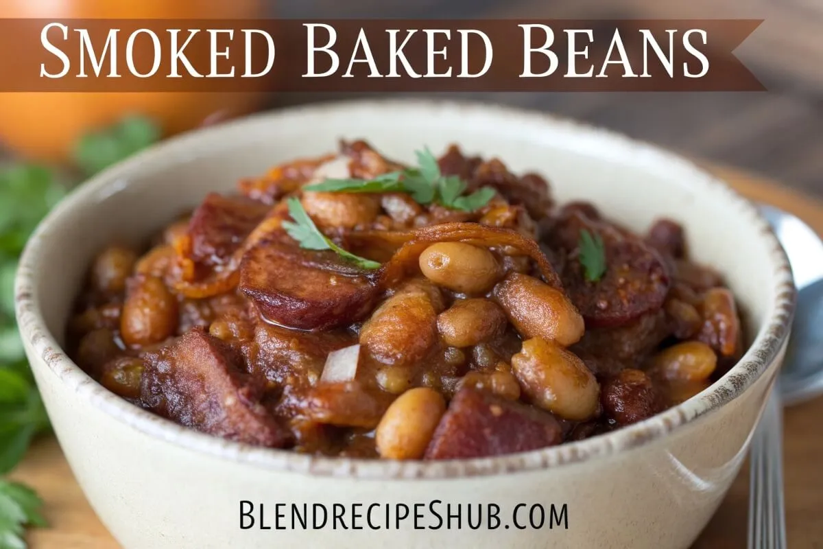 Delicious smoked baked beans in a rustic bowl, garnished with herbs