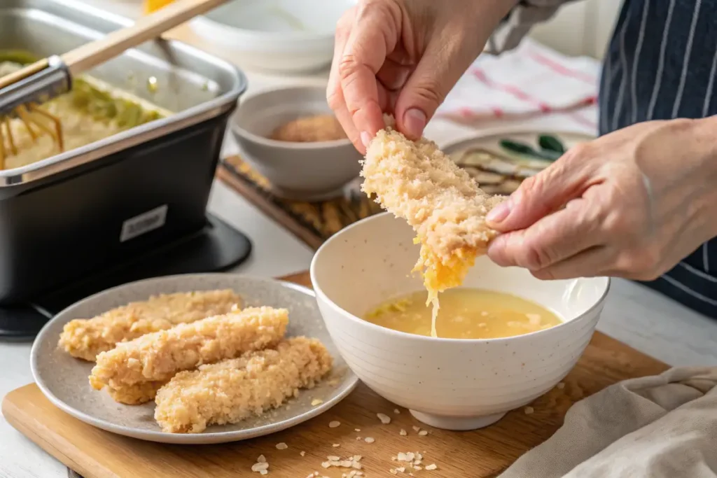 Close-up of raw chicken strips being dipped into tempura batter, with a deep fryer and prepared station in the background for chicken tempura rolls.