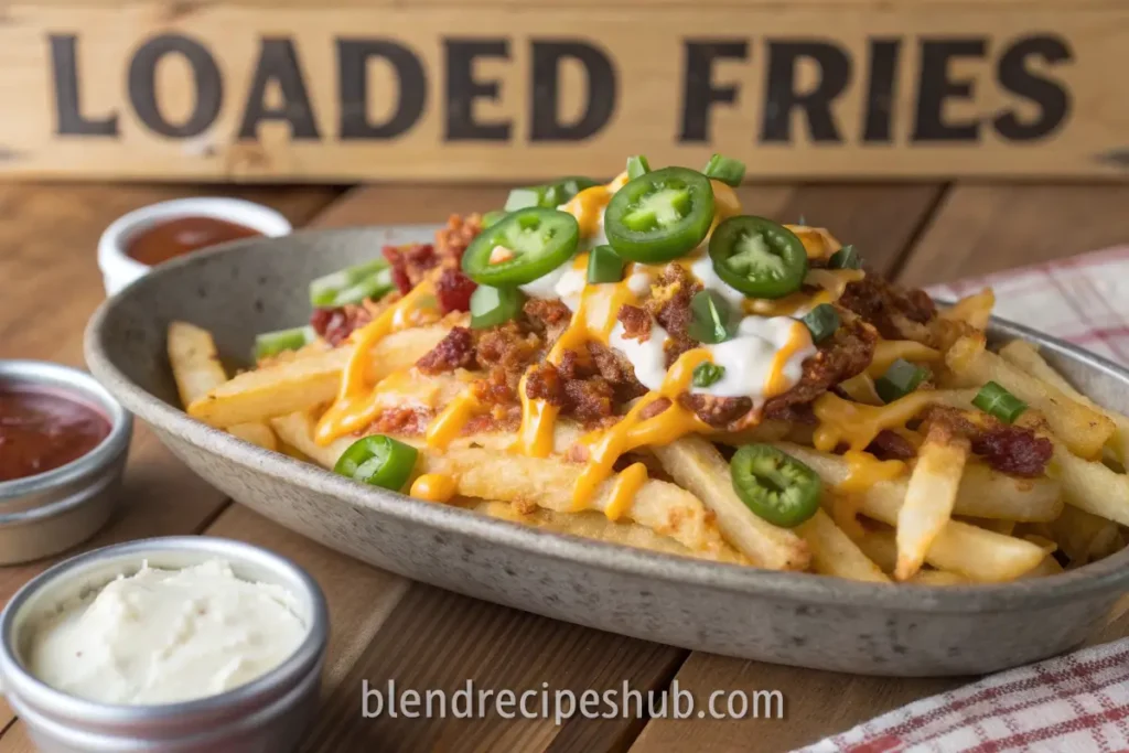 Loaded fries topped with melted cheese, bacon, sour cream, jalapeños, and green onions on a rustic table with dipping sauces.