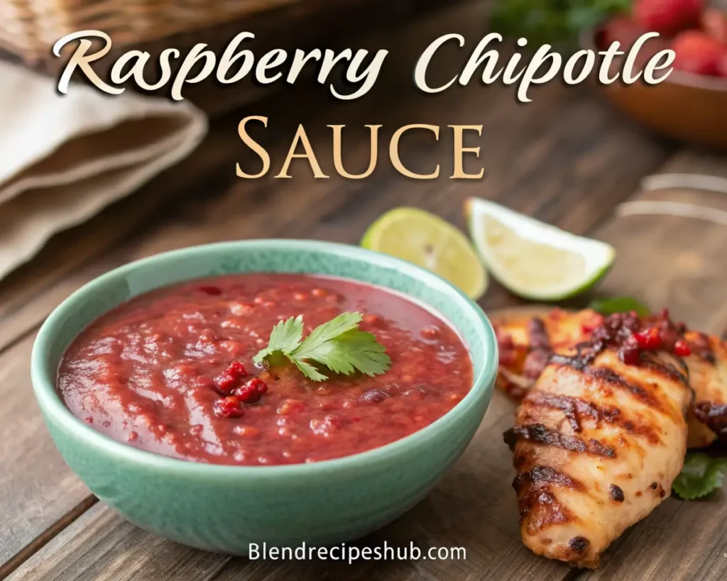 A bowl of homemade raspberry chipotle sauce with fresh raspberries, chipotle peppers, and lime, perfect for drizzling over grilled meats