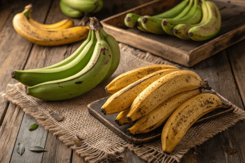 What Makes Banana Brownies Recipe Soft, Chocolatey, and Absolutely Good? 3 Close-up of bananas at different stages of ripeness, from green to yellow with brown spots, arranged on a rustic wooden table.