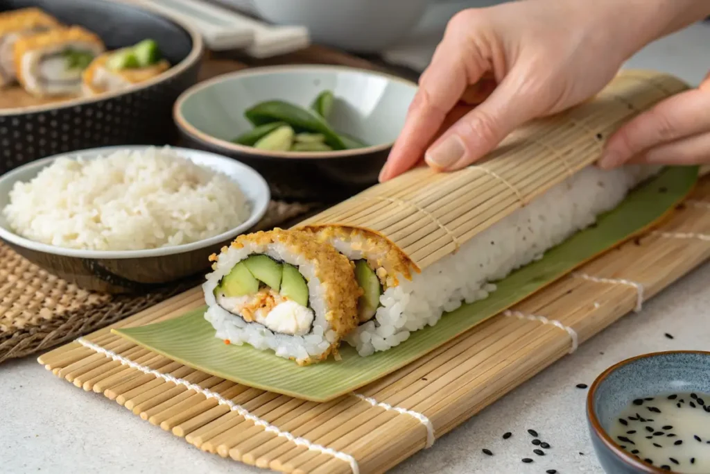 Hands using a bamboo mat to roll a chicken tempura roll, showing sushi rice, nori, and tempura chicken with additional fillings in a clean kitchen setting