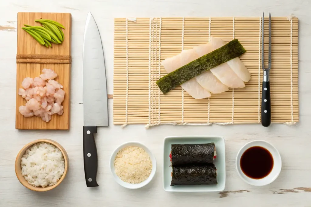 Flat-lay of essential tools and ingredients for making chicken tempura rolls, including sushi rolling mat, nori sheets, sushi rice, chicken, and tempura batter.