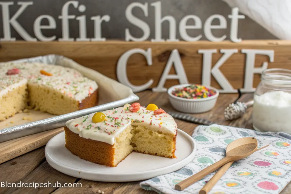 Why Kefir Sheet Cake Is the Ultimate Delight – Try This Easy Recipe 5 A golden-brown kefir sheet cake with creamy white frosting and colorful sprinkles, served on a rustic wooden table alongside a slice on a white plate.