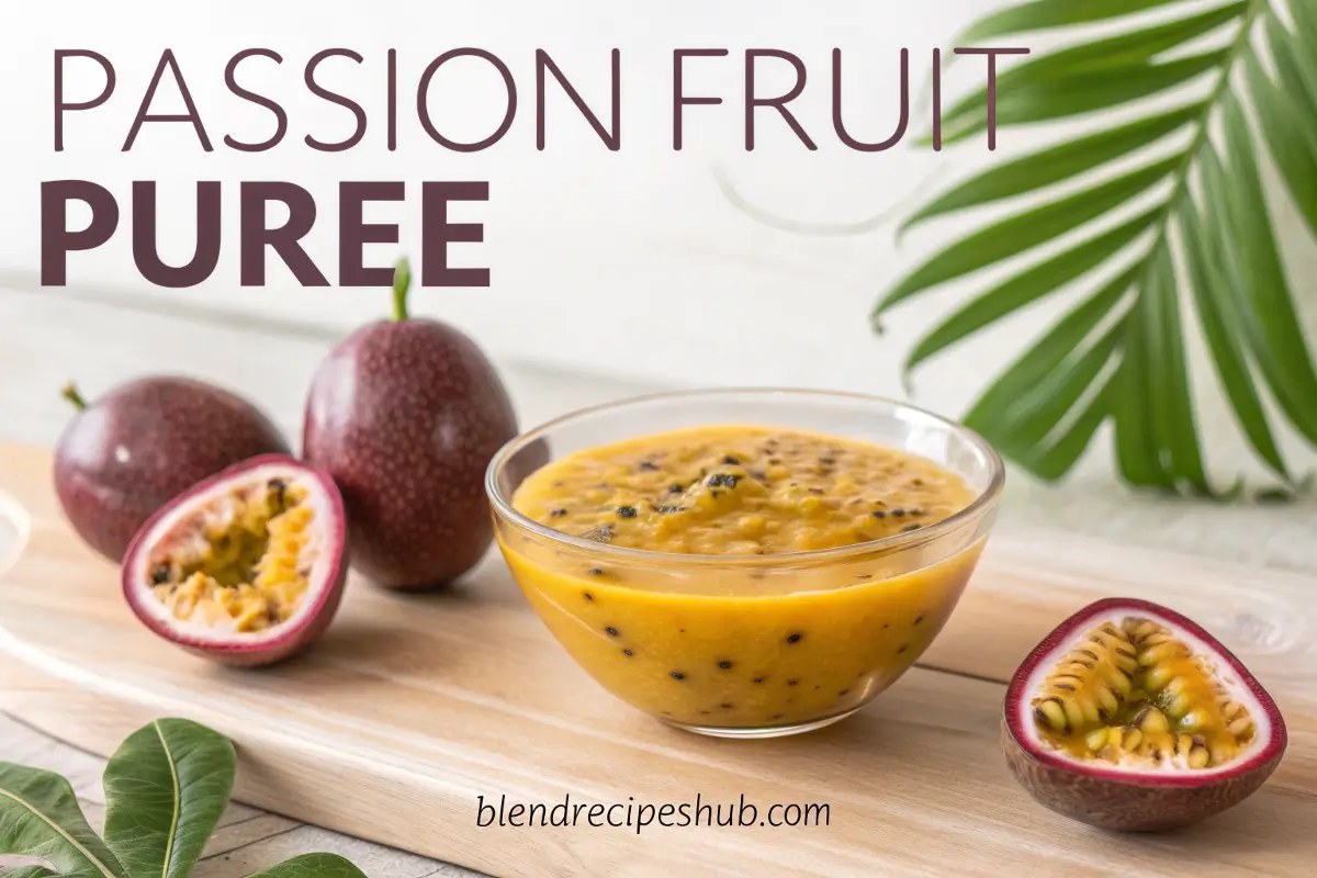 How to Make the Perfect Passion Fruit Puree with This Easy Recipe 1 Glass bowl of passion fruit puree surrounded by fresh, cut passion fruits on a wooden surface with tropical leaves in the background.