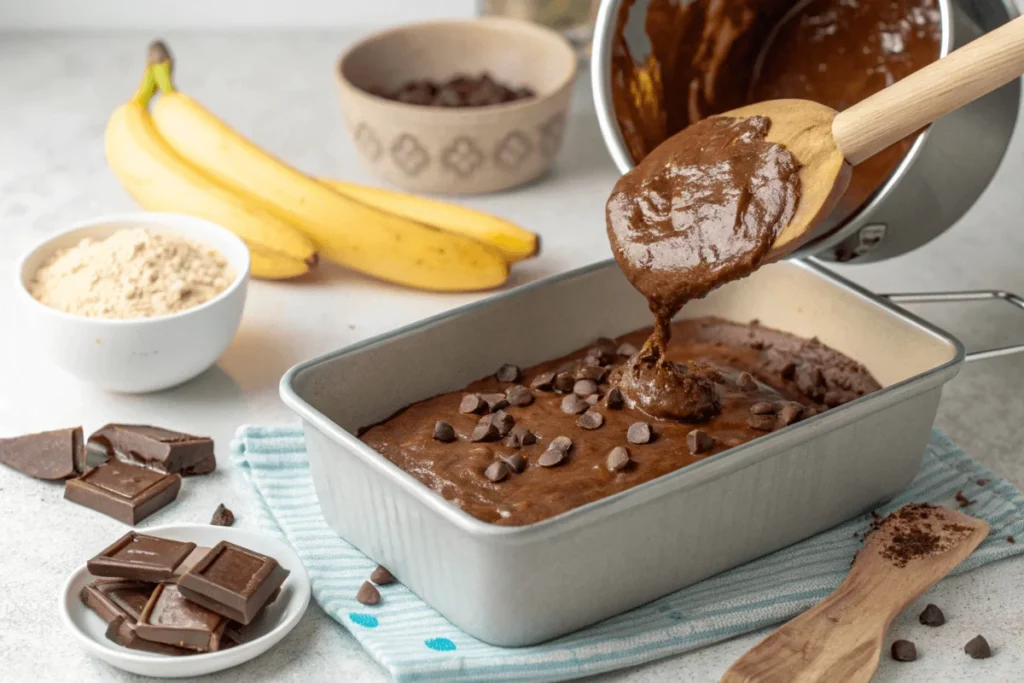 What Makes Banana Brownies Recipe Soft, Chocolatey, and Absolutely Good? 4 Banana brownie batter being poured into a baking pan, with chocolate chips visible in the mixture, set against a clean kitchen counter.