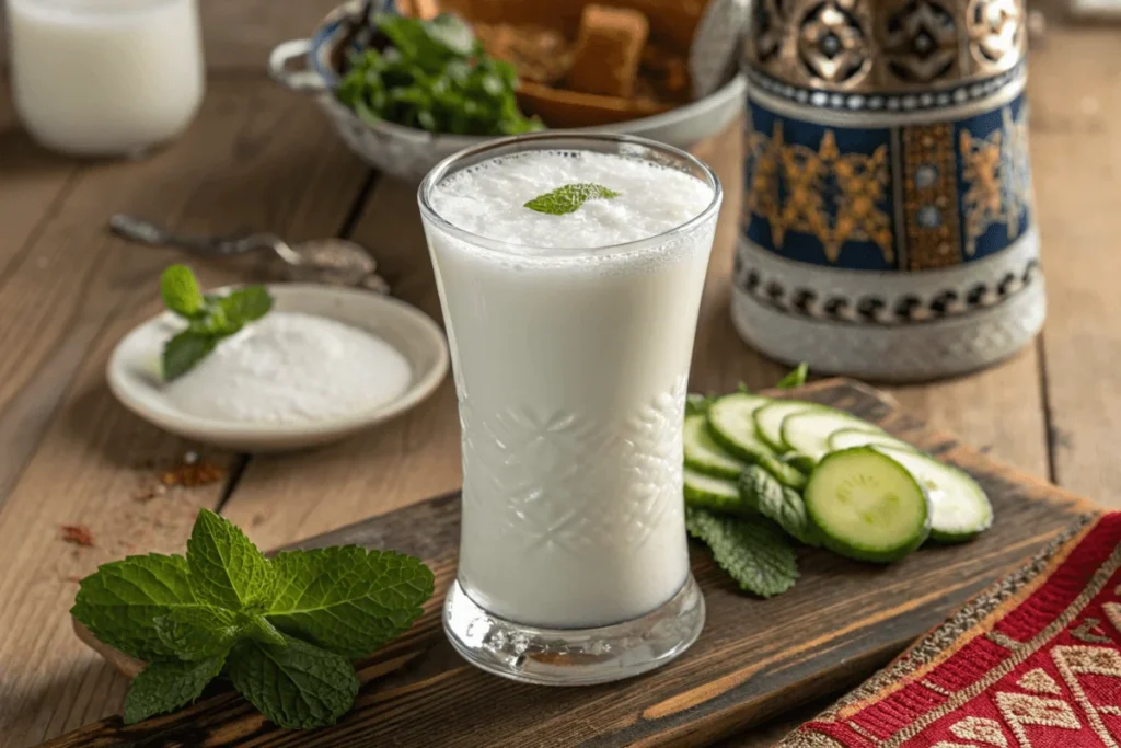 A glass of Turkish Ayran with a frothy top, garnished with mint and cucumber on a wooden table, surrounded by warm natural light