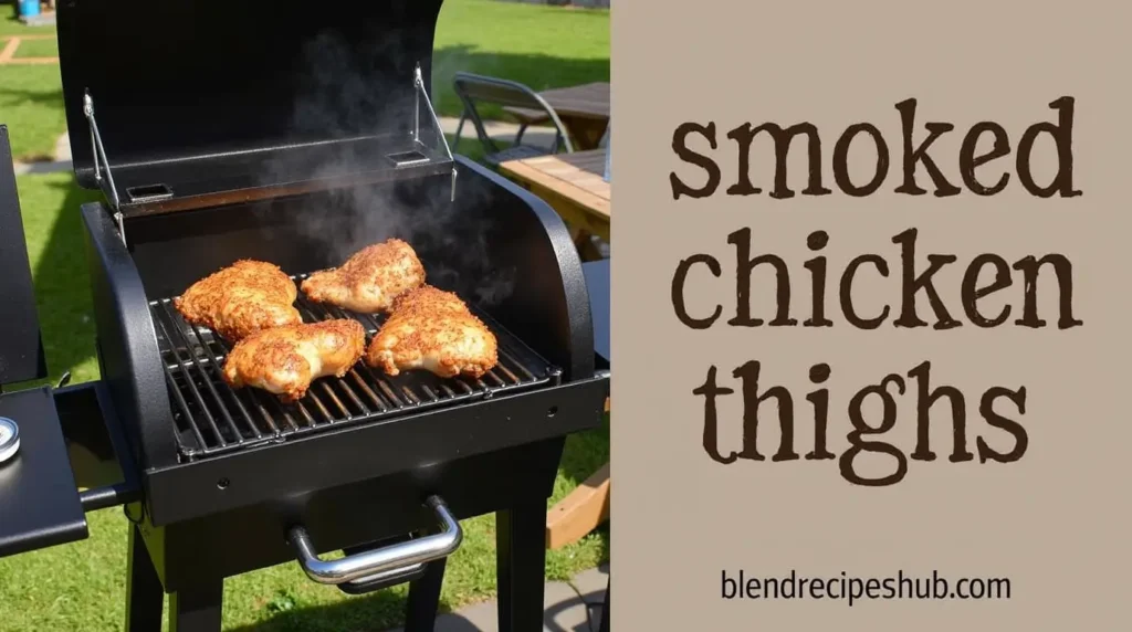 Smoking chicken thighs on a pellet grill with golden-brown skin and a smoky backdrop.