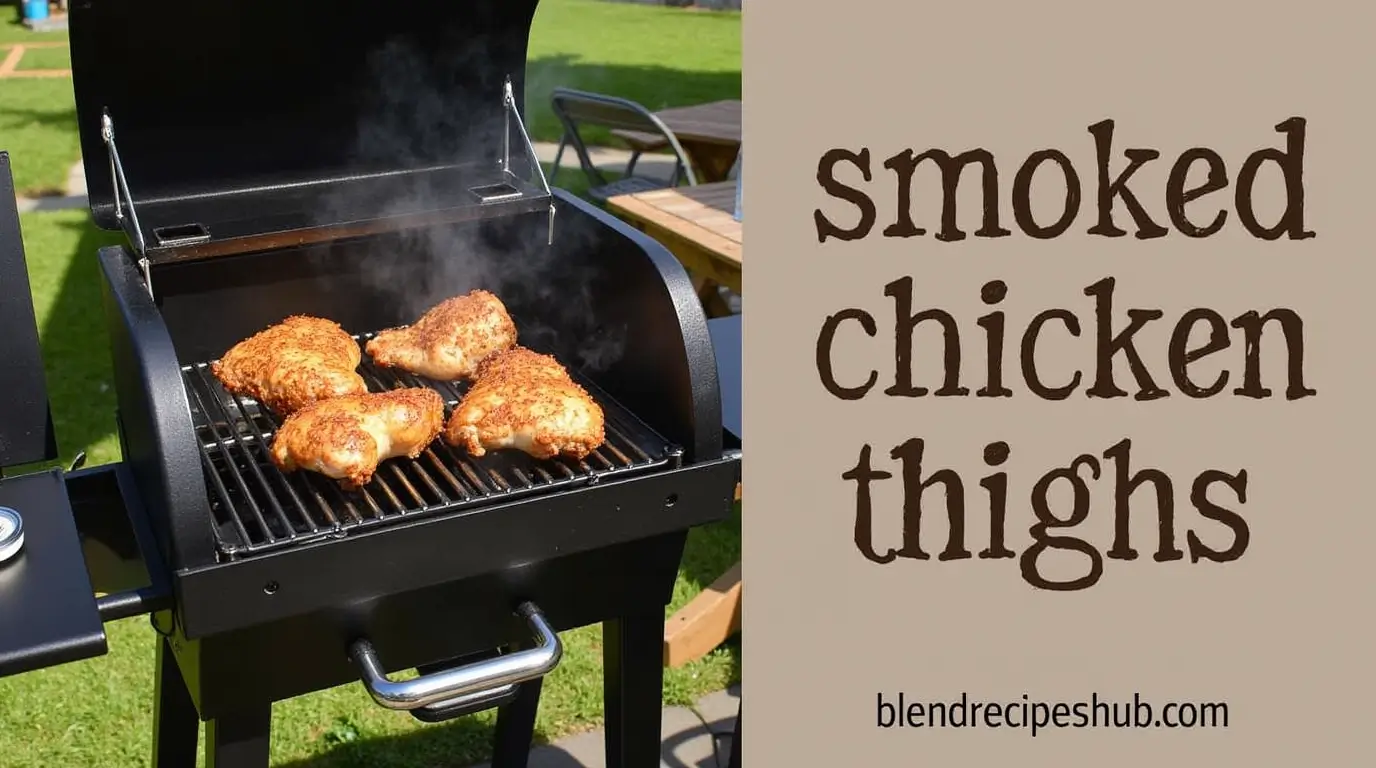 Smoked Chicken Thighs: 3 Simple Steps to Perfect This Flavorful Dish Every Time 1 Smoking chicken thighs on a pellet grill with golden-brown skin and a smoky backdrop.