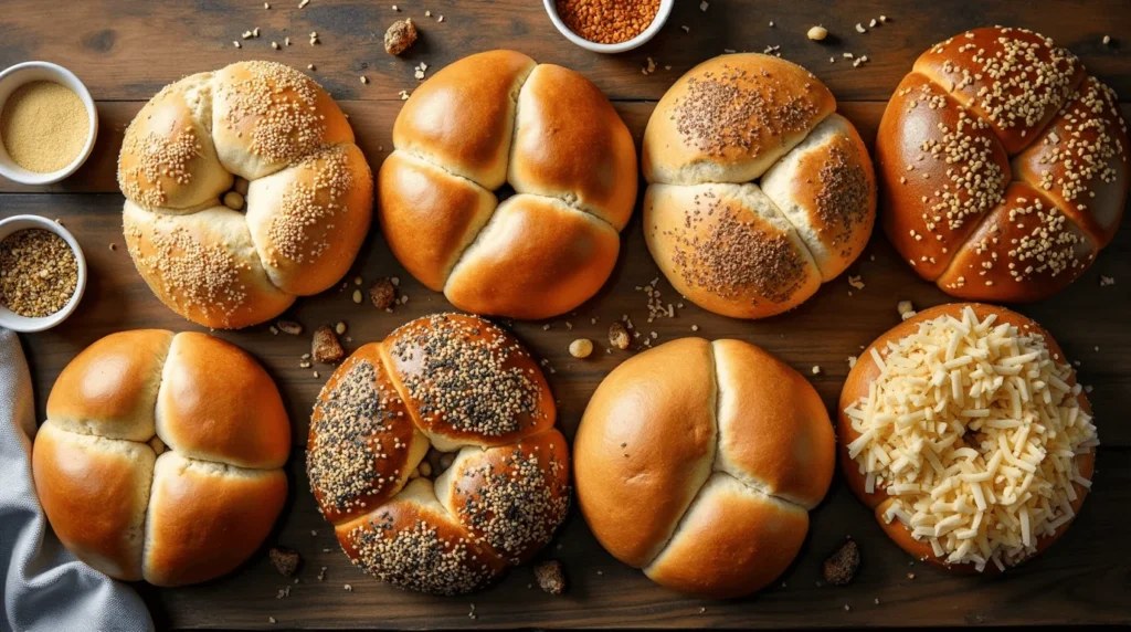 Easy Kaiser Roll Recipe: Step-by-Step Guide to Baking This Classic Bread 4 Flat-lay image of alternative Kaiser roll variations, including classic, whole wheat, seeded, and herb-and-cheese rolls, on a rustic wooden surface with small topping bowls.