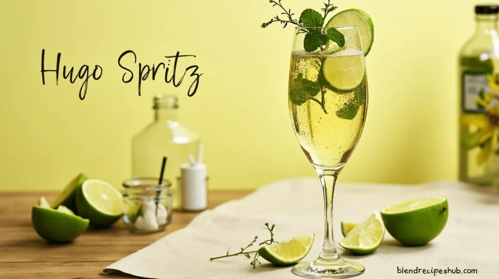 A refreshing Hugo Spritz cocktail in a wine glass garnished with lime and mint, served on a wooden table with summer-themed decor
