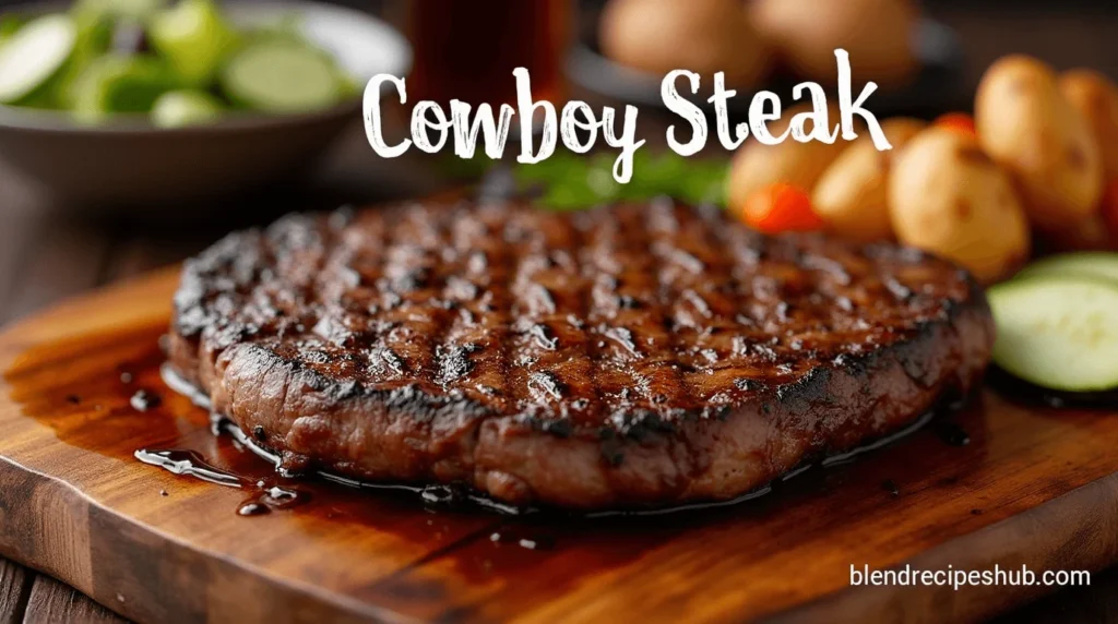 A perfectly grilled cowboy steak served with sides, highlighting its juicy texture and grill marks.