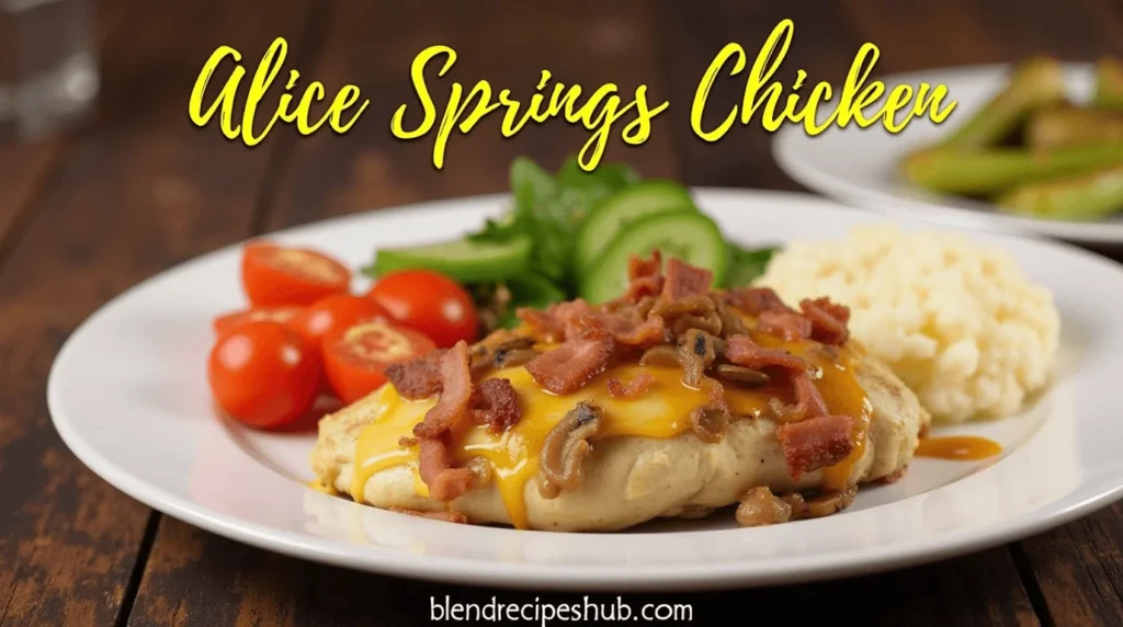Plated Alice Springs Chicken with crispy bacon, cheese, honey mustard sauce, mushrooms, and side vegetables. The title "Alice Springs Chicken" and website name "blendrecipeshub.com" are displayed on the image.