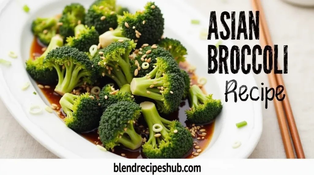 A plate of stir-fried broccoli in soy sauce and sesame oil, garnished with sesame seeds and scallions, served as part of an Asian-inspired dish
