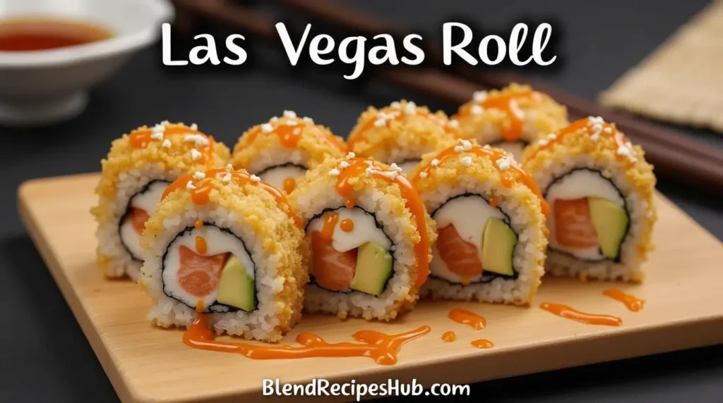 A platter of Las Vegas Roll sushi with deep-fried tempura coating, topped with spicy mayo and eel sauce, served on a wooden sushi board with chopsticks