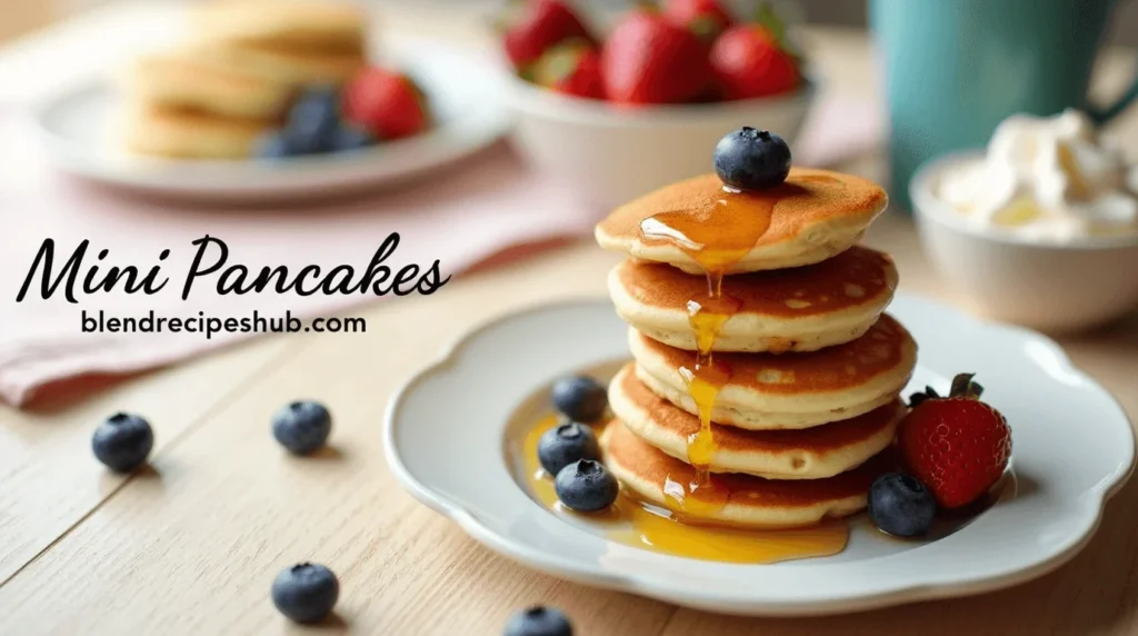 A plate of fluffy golden-brown mini pancakes topped with syrup, surrounded by fresh berries and whipped cream, with "Mini Pancakes" written at the top and "blendrecipeshub.com" at the bottom.
