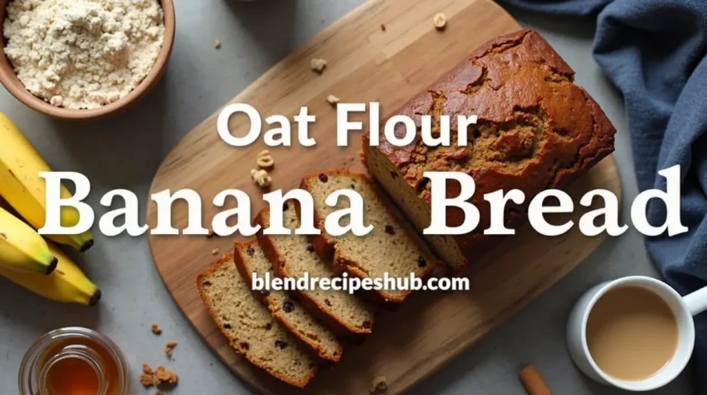 A sliced loaf of oat flour banana bread on a wooden board, surrounded by oat flour, bananas, honey, and cinnamon, with "Oat Flour for Banana Bread" at the top and "blendrecipeshub.com" at the bottom.