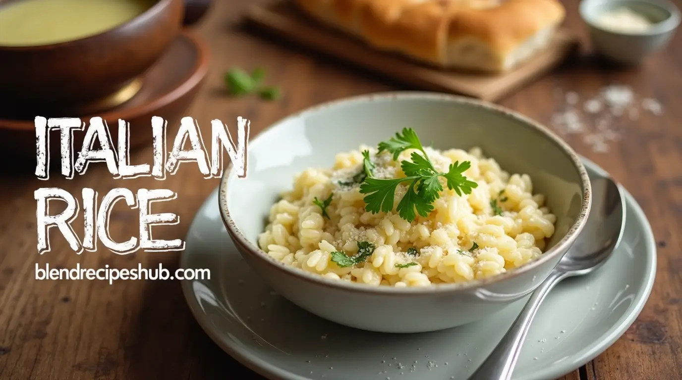 Italian Rice Recipe: How to Cook The Best Like a Pro in 2025 1 A bowl of creamy Italian rice risotto topped with Parmesan and fresh parsley, served with bread and a bowl of broth on a rustic wooden table.