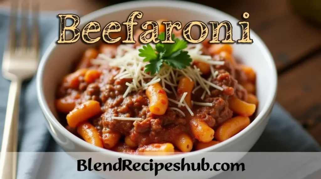 A bowl of beefaroni with macaroni, ground beef, tomato sauce, and melted cheese, garnished with parsley, served on a wooden table.
