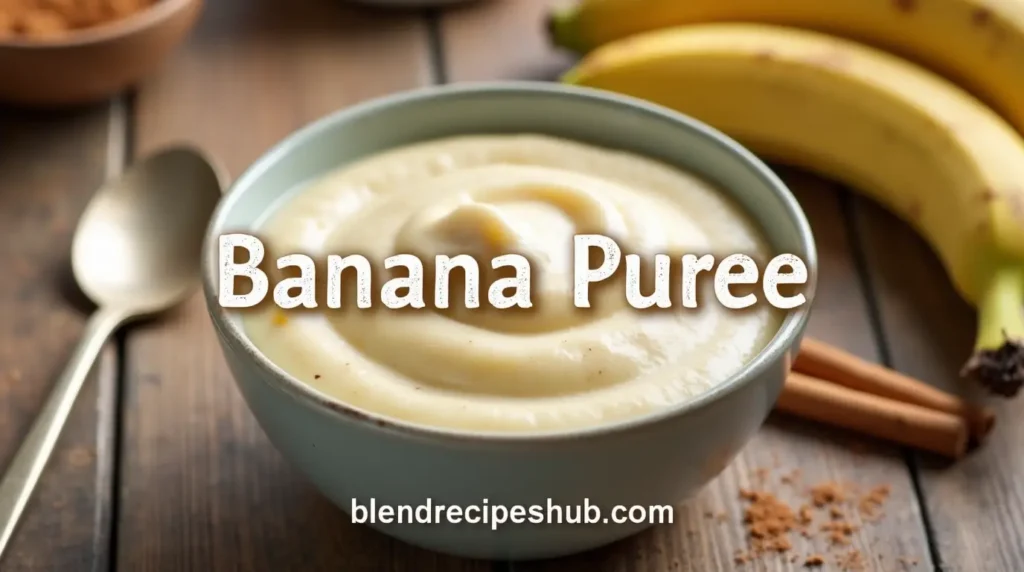 A bowl of smooth banana puree surrounded by ripe bananas and a sprinkle of cinnamon on a wooden table.