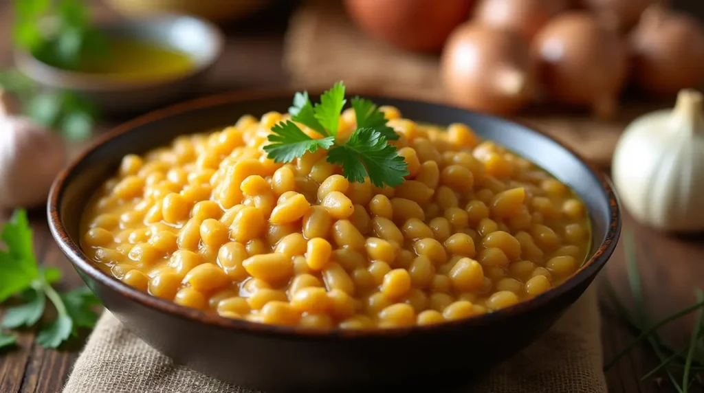 Peruvian Beans Recipe: 3 Quick and Easy Steps To Perfection 4 A bowl of creamy Peruvian beans garnished with fresh cilantro on a rustic wooden table