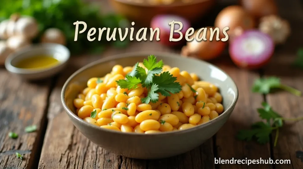 A bowl of golden-yellow Peruvian beans garnished with cilantro on a rustic wooden table.