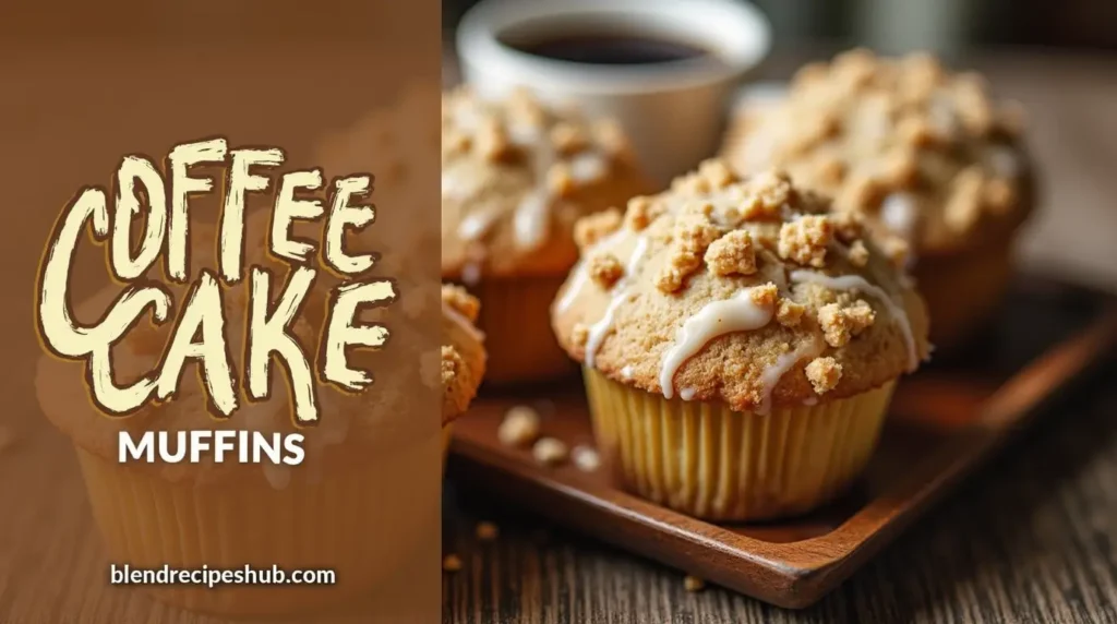 Coffee Cake Muffins Recipe: 4 Steps to Make This Delicious Muffins at Home 1 Freshly baked coffee cake muffins with crumb topping and a drizzle of glaze, served on a wooden tray with a cup of coffee.